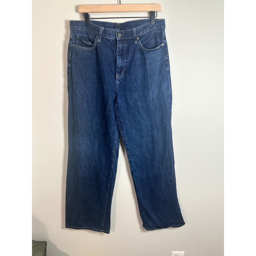 Uniqlo Women Wide Straight Jeans Dark Wash Blue High Rise 100% Cotton 30x27
